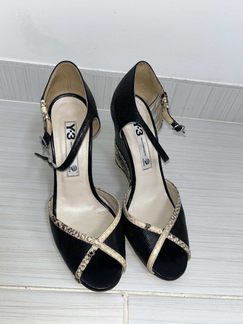 Vintage Y3 Yohji Yamamoto × adidas women's black/gold snakeskin-trim wedge Heels